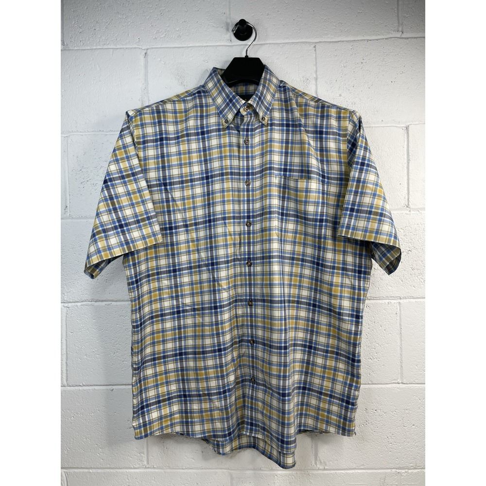 Cabela's Button Down Shirt Men XL Blue Yellow White Plaid Short Sleeve Twill EUC